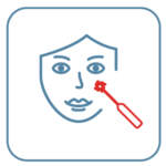 A drawing of a face with a red laser pointed at it.